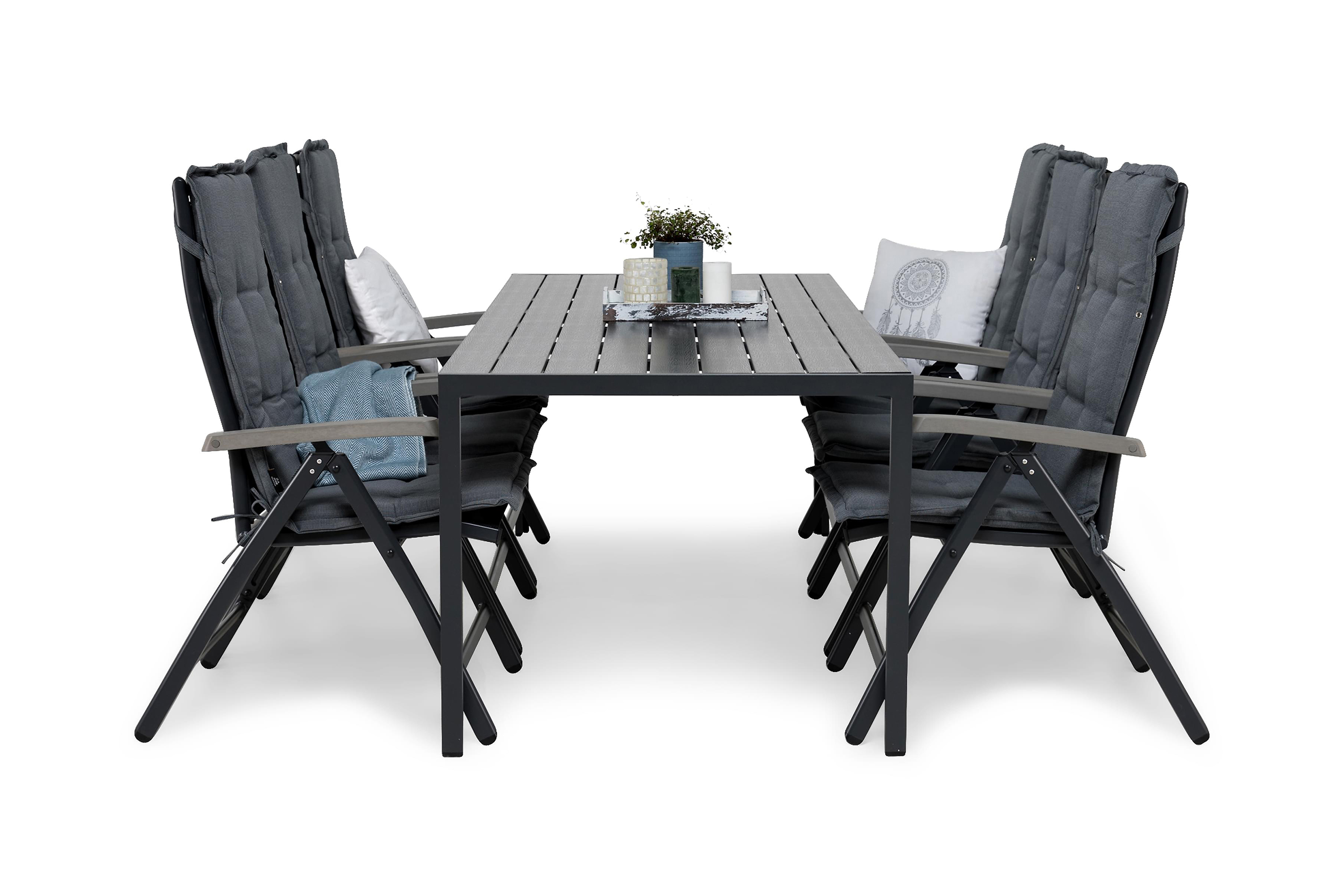 tunis bord 205 + 6 monaco stol svart + dyna grå -