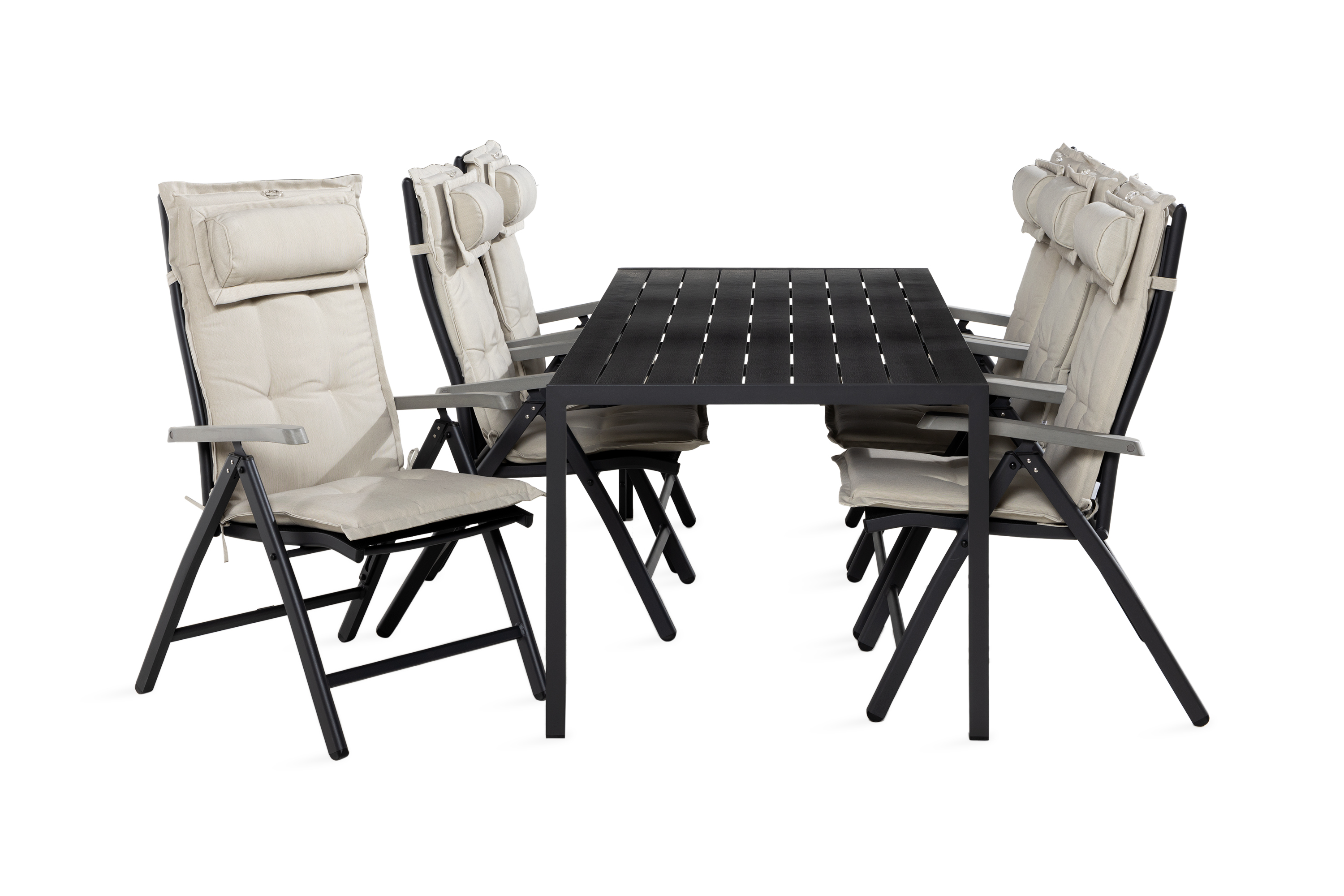 tunis bord 205 svart + 6 monaco stol svart/grå m dyna vit -