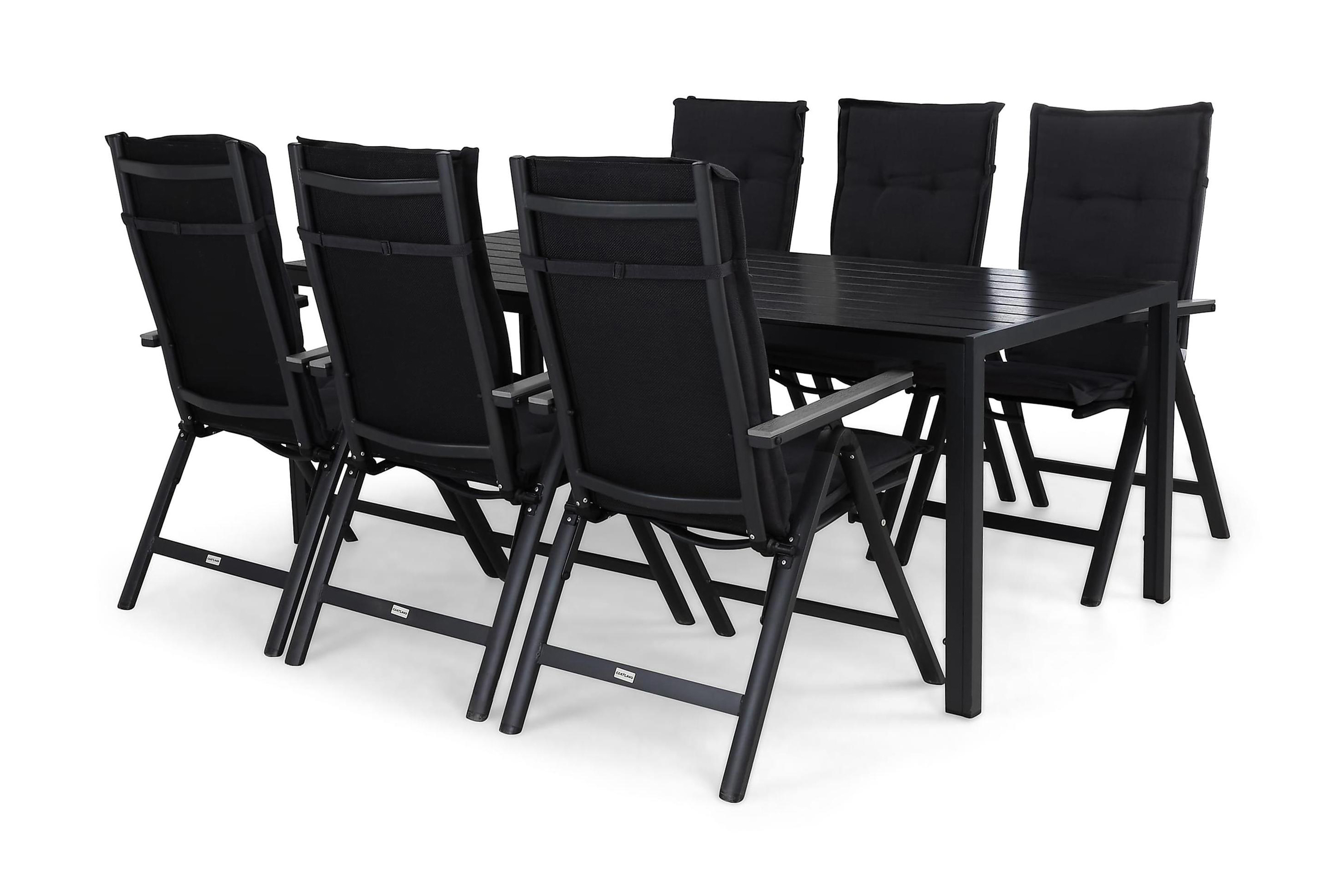 tunis bord 205x90 + 6 monaco light svart stol m dyna grå -