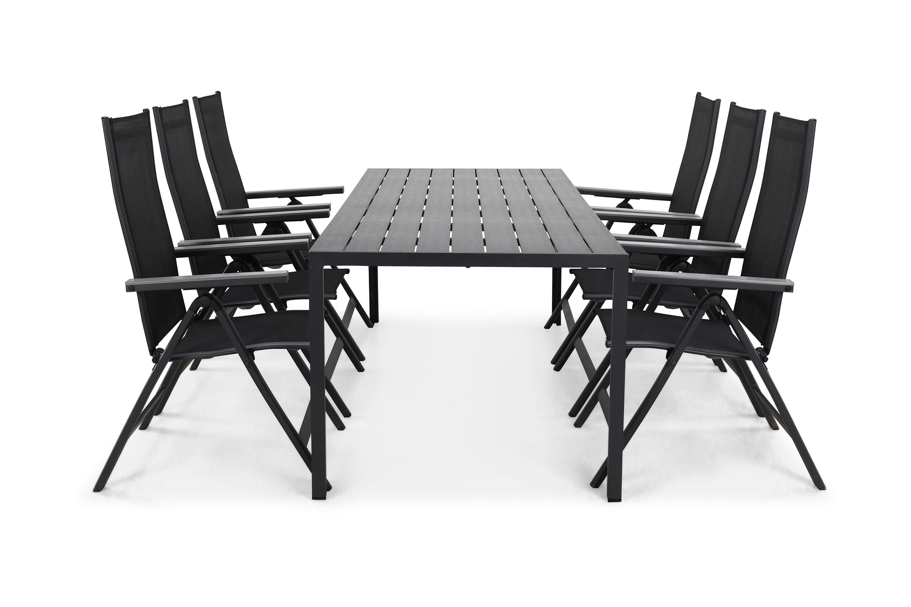 tunis bord 205x90 cm svart + 6 monaco light stol svart/grå -