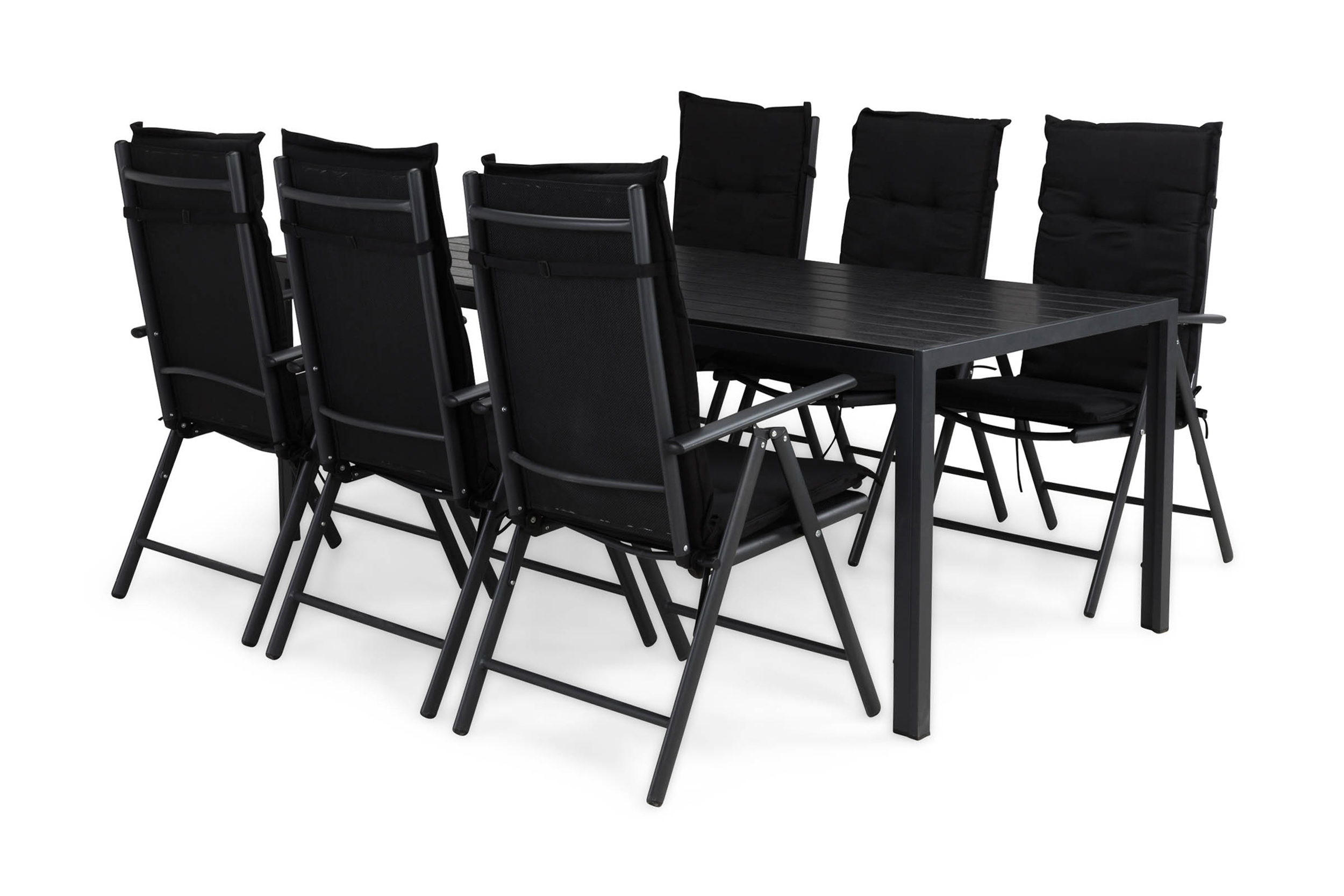 tunis bord 205x90 svart + 6 maggie positionsstol dyna svart -