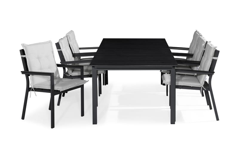 TUNIS Bord 205x90 Svart + 6 Stapelstolar Svart m Dyna Vit