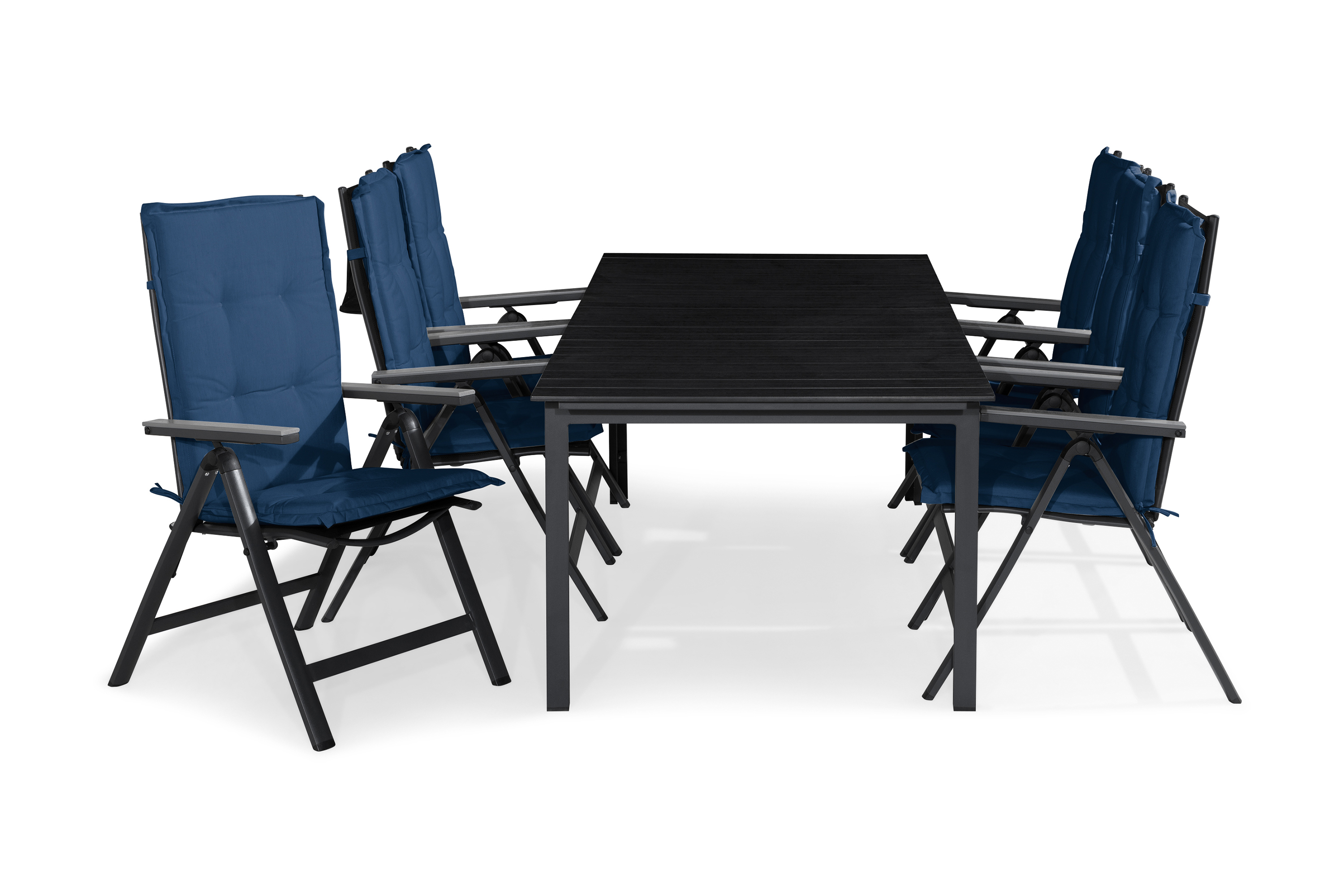 tunis bord 205x90 svart+6 monaco light stol m dyna blå -