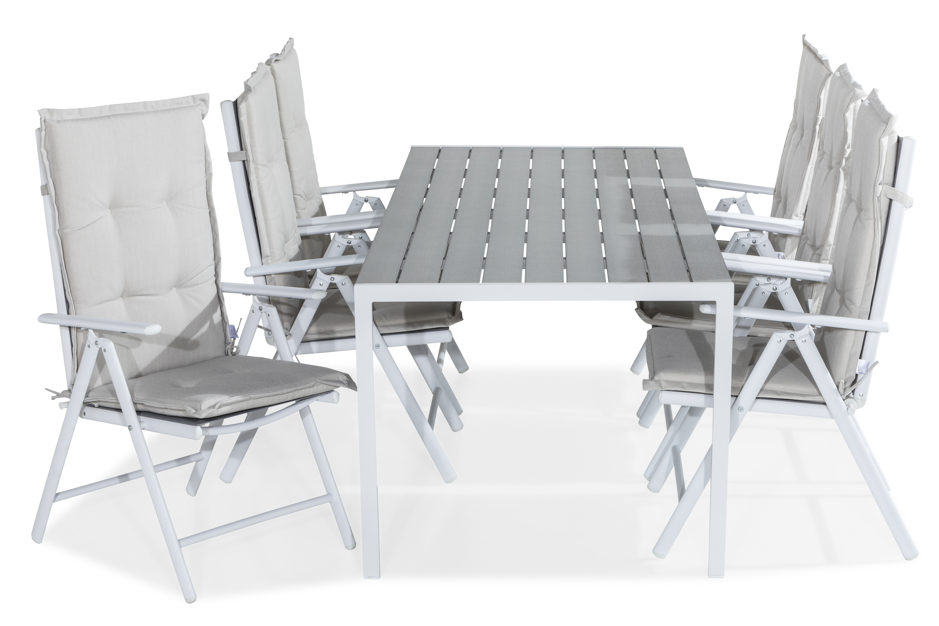 tunis bord 205x90 vit/grå + 6 maggie positionsstol dyna vit -