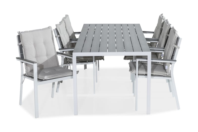 TUNIS Bord 205x90 Vit/Grå + 6 Stapelstolar m Dyna Vit
