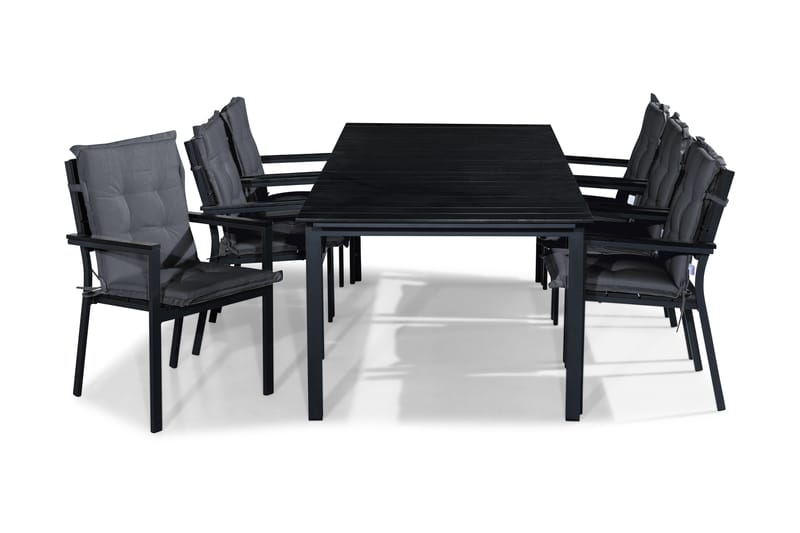 TUNIS Bord 220-280x90 Svart + 6 Stapelstolar Svart Dyna Grå - Utemöbler - Utegrupp - Matgrupper utomhus