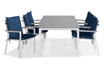 TUNIS Bord 220-280x90 Vit/Grå + 6 Stapelstolar m Dyna Blå