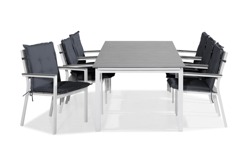 TUNIS Bord 220-280x90 Vit/Grå + 6 Stapelstolar m Dyna Grå - Utemöbler - Utegrupp - Matgrupper utomhus