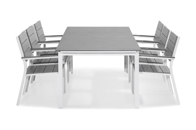 TUNIS Bord 220-280x90 Vit/Grå + 6 Stapelstolar Vit/Grå - Utemöbler - Utegrupp - Matgrupper utomhus