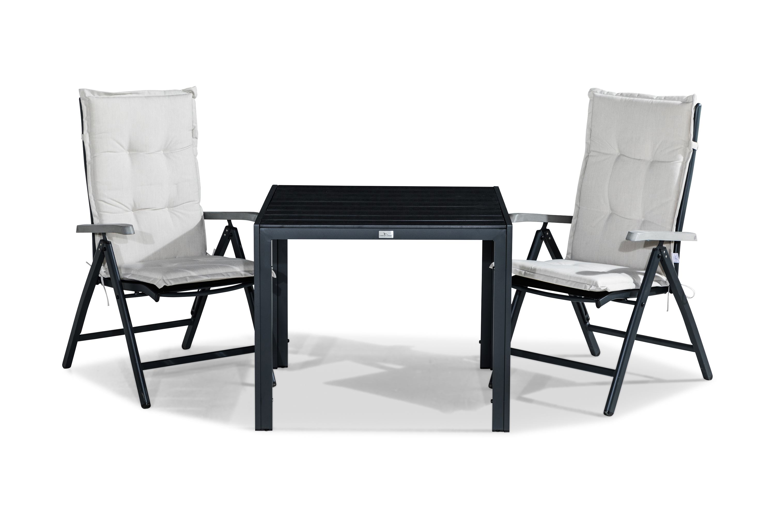 tunis bord 90x90 svart + 2 monaco lyx positionsstol dyna vit -