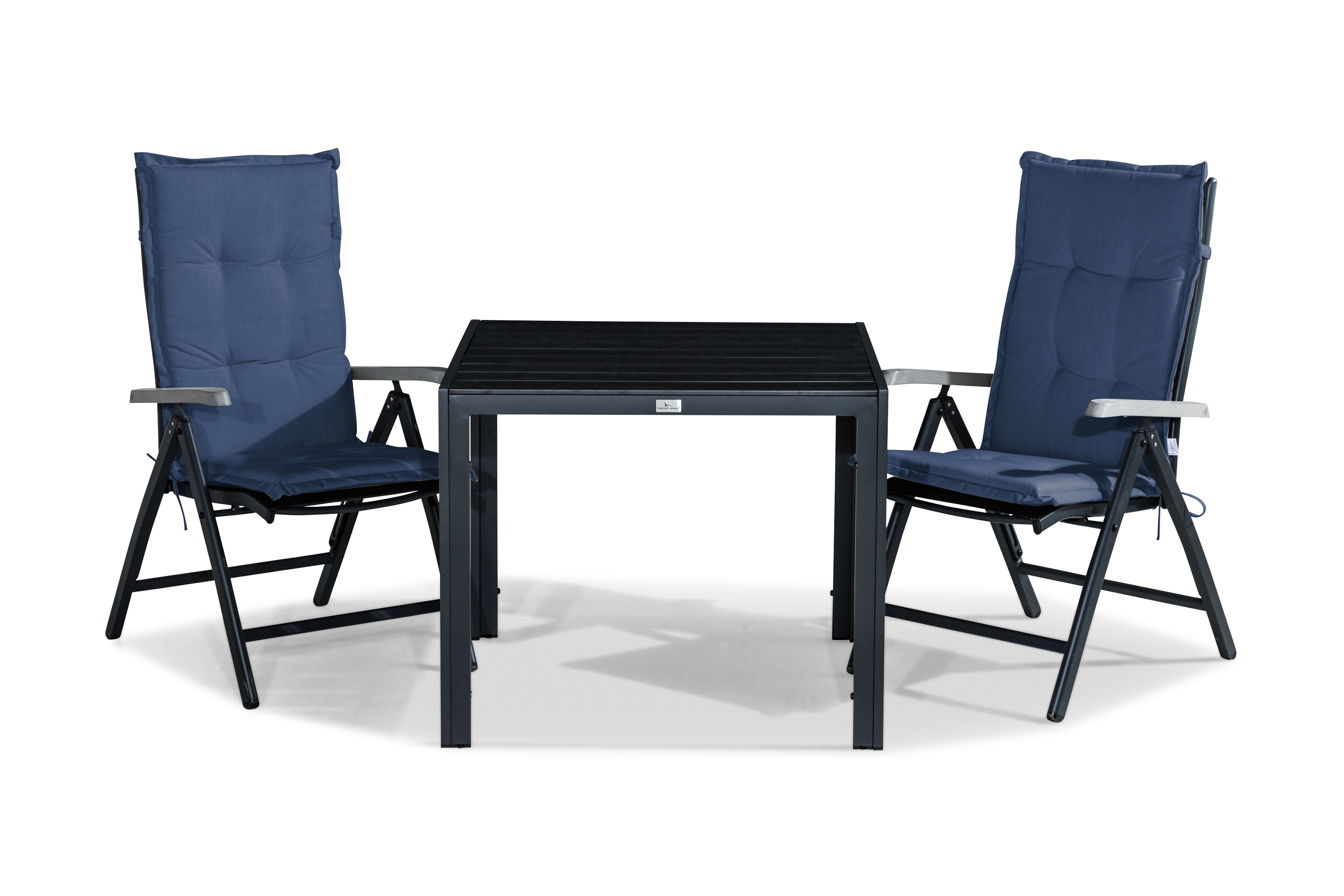 tunis bord 90x90 svart + 2 monaco lyx positionsstol dyna blå -