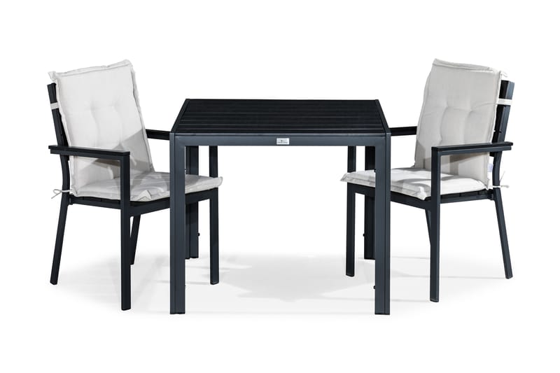 TUNIS Bord 90x90 Svart + 2 Stapelstolar Svart m Dyna Vit