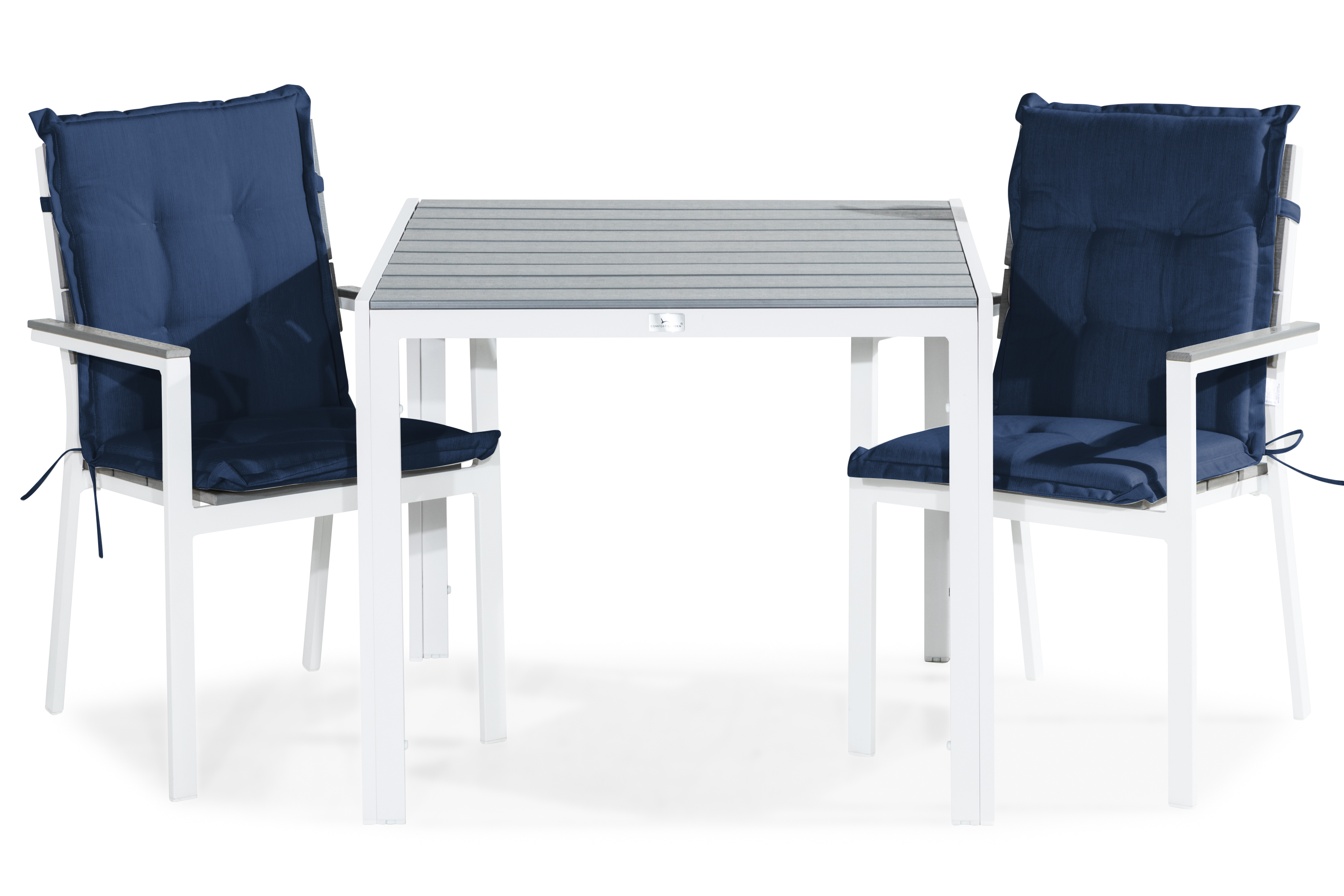 tunis bord 90x90 vit/grå + 2 stapelstolar m dyna blå -