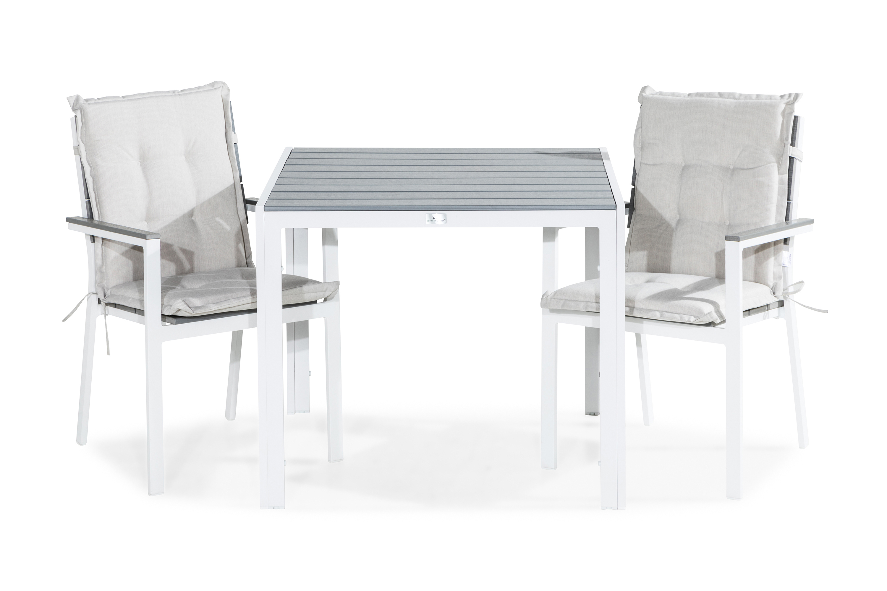 tunis bord 90x90 vit/grå + 2 stapelstolar m dyna vit -