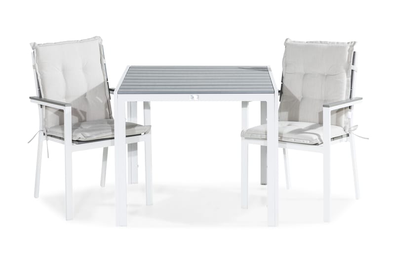 TUNIS Bord 90x90 Vit/Grå + 2 Stapelstolar m Dyna Vit