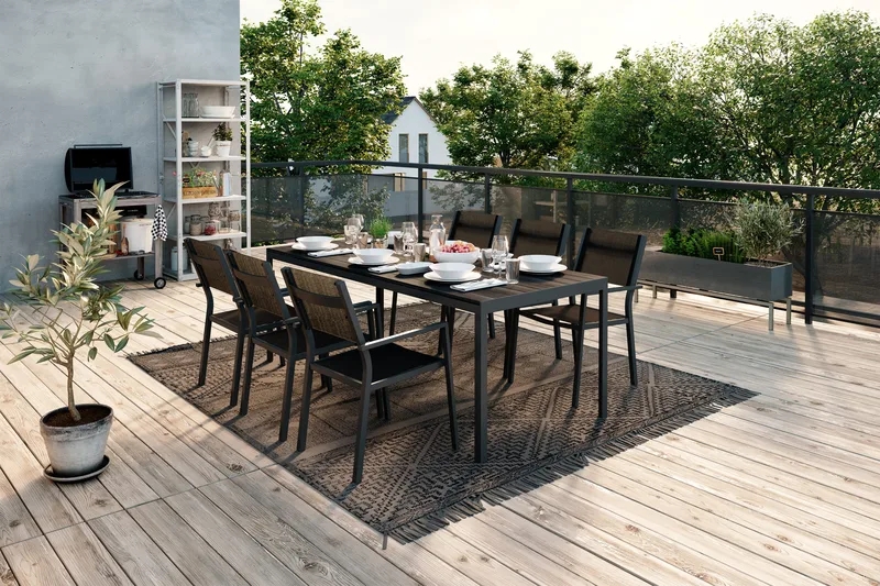 Tunis Matgrupp 205x90 cm + 6 Tunis Stapelstol - Svart/Svart - Utemöbler - Utegrupp - Matgrupper utomhus