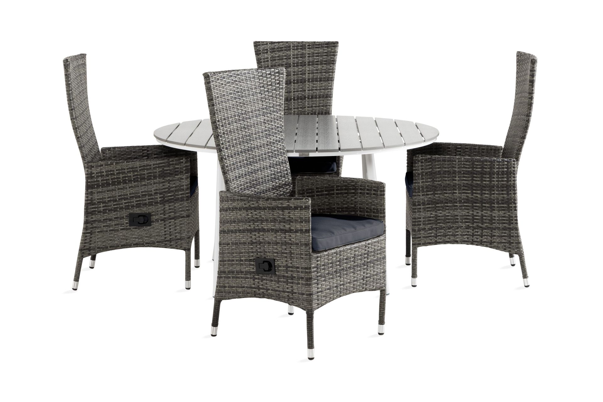 tunis matgrupp utomhus 140 rund + 4 jenny fåtölj ställbar m dyna - vit/grå