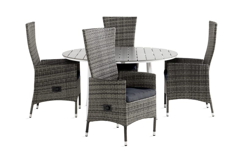 Tunis Matgrupp Utomhus 140 Rund + 4 Jenny Fåtölj Ställbar m Dyna, Vit/Grå