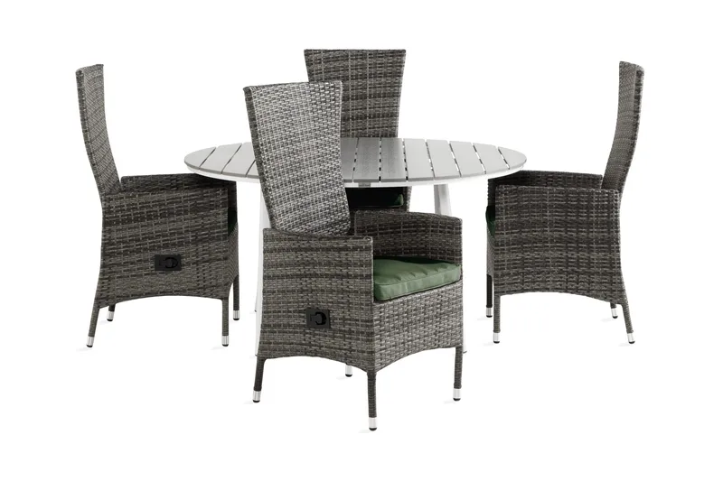 Tunis Matgrupp Utomhus 140 Rund + 4 Jenny Fåtölj Ställbar m Dyna, Vit/Grå/Grön