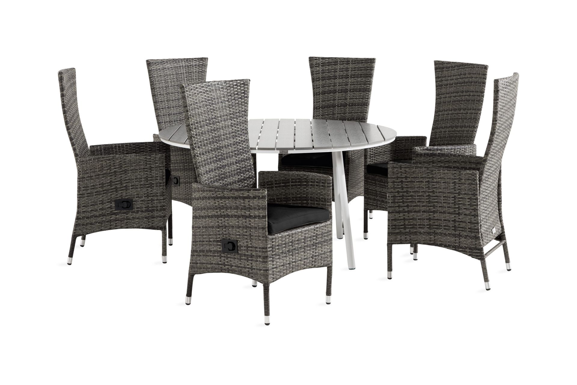 tunis matgrupp utomhus 140 rund + 6 jenny fåtölj ställbar m dyna - vit/grå/svart