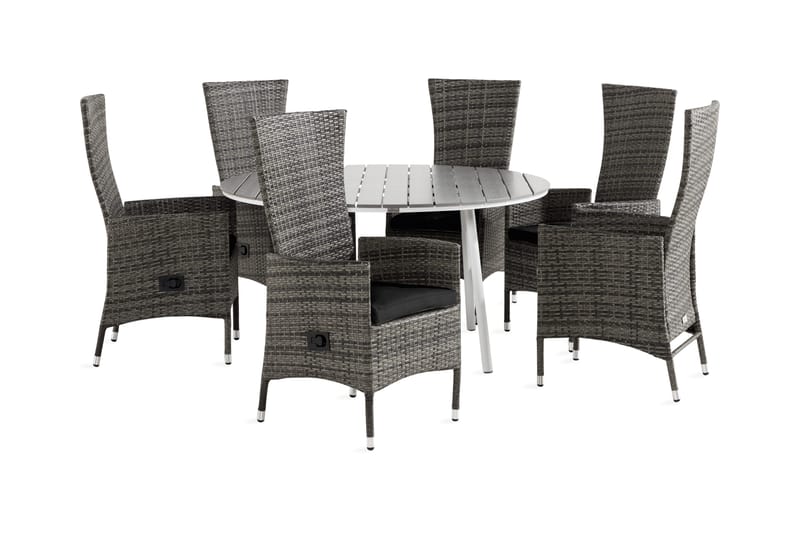 Tunis Matgrupp Utomhus 140 Rund + 6 Jenny Fåtölj Ställbar m Dyna, Vit/Grå/Svart