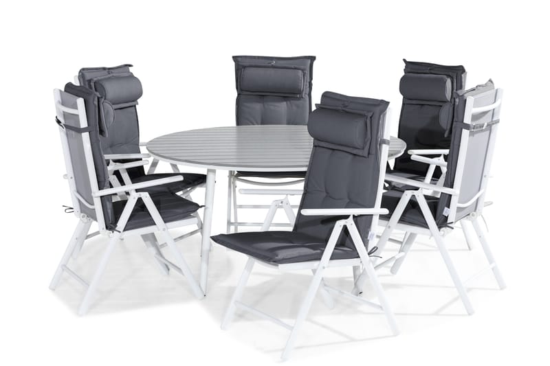 Tunis Matgrupp Utomhus 140 Rund + 6 Maggie Positionsstol m Dyna, Vit/Grå