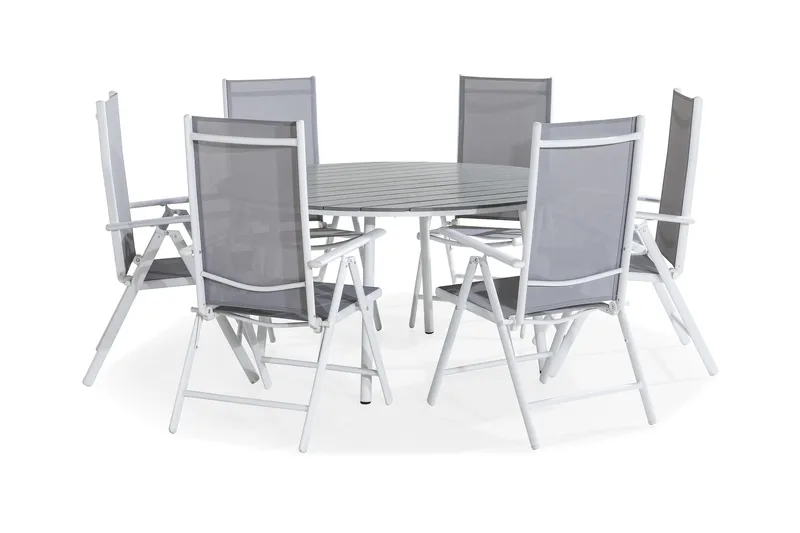 Tunis Matgrupp Utomhus 140 Rund + 6 Maggie Positionsstol - Vit/Grå - Utemöbler - Utegrupp - Matgrupper utomhus