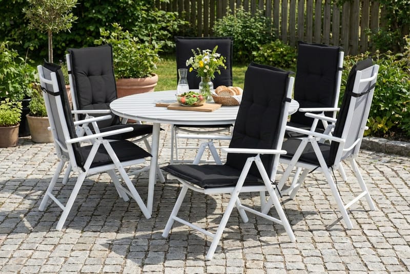 Tunis Matgrupp Utomhus 140 Rund + 6 Maggie Positionsstol m Dyna - Vit/Grå/Svart - Utemöbler - Utegrupp - Matgrupper utomhus