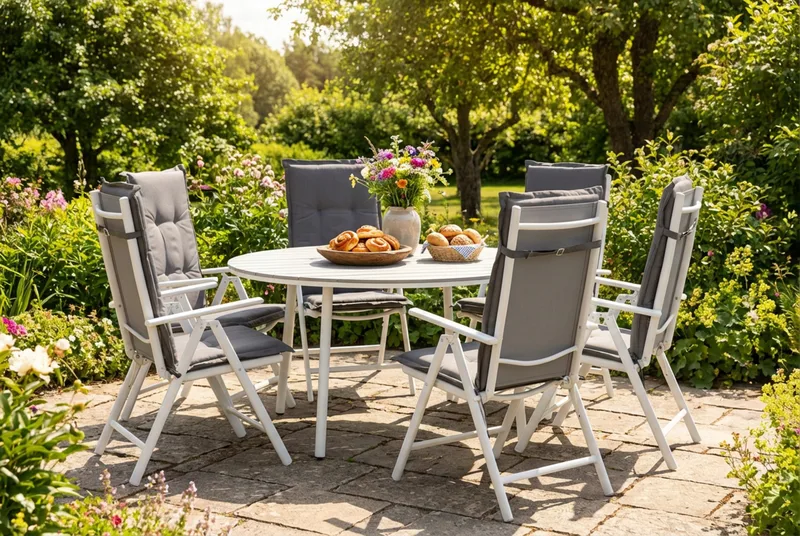 Tunis Matgrupp Utomhus 140 Rund + 6 Maggie Positionsstol m Dyna - Vit/Grå - Utemöbler - Utegrupp - Matgrupper utomhus