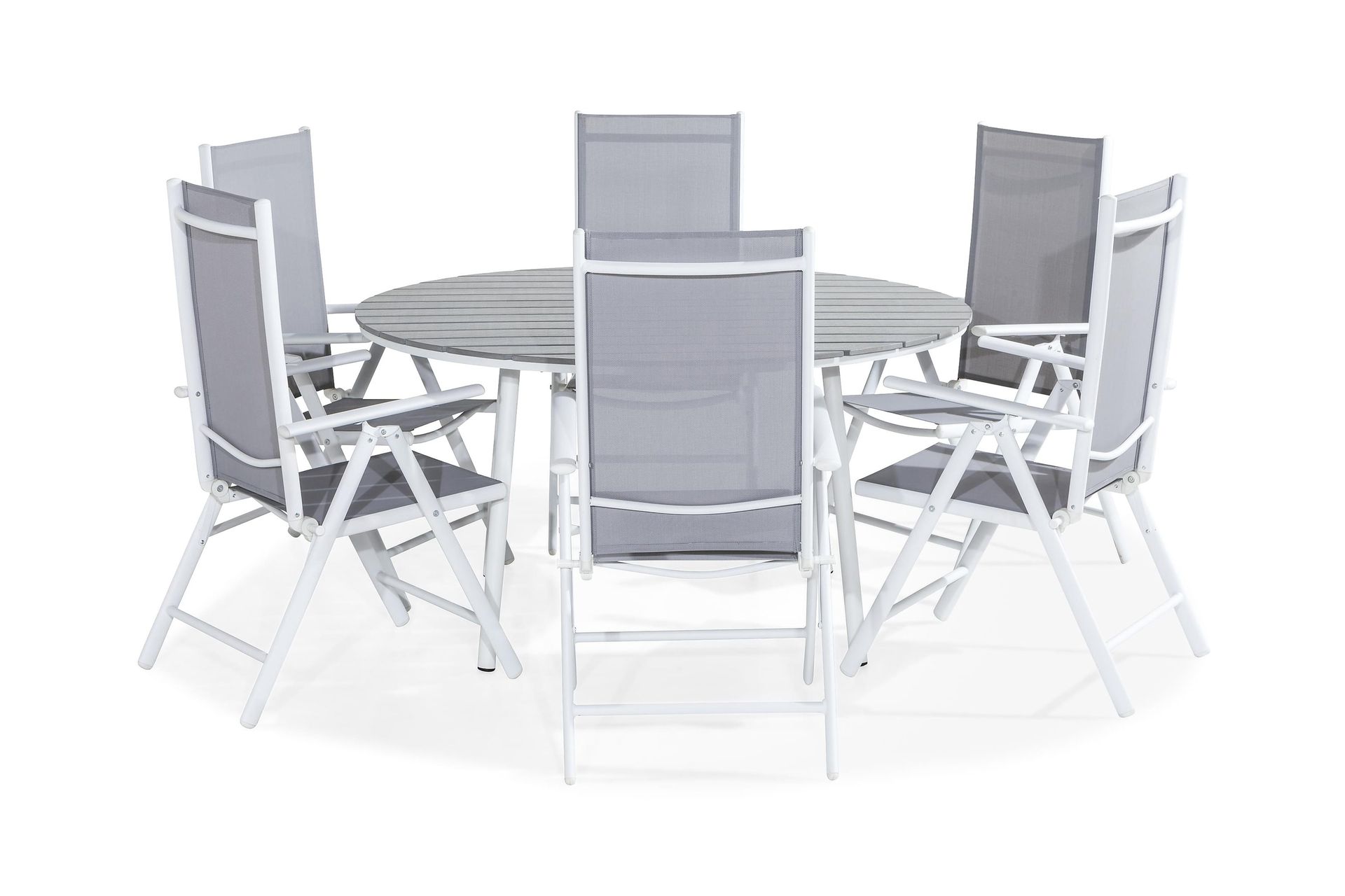 tunis matgrupp utomhus 140 rund + 6 maggie positionsstol - vit/grå