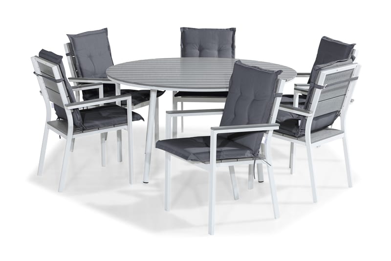Tunis Matgrupp Utomhus 140 Rund + 6 Stapelstolar m Dyna, Vit/Grå