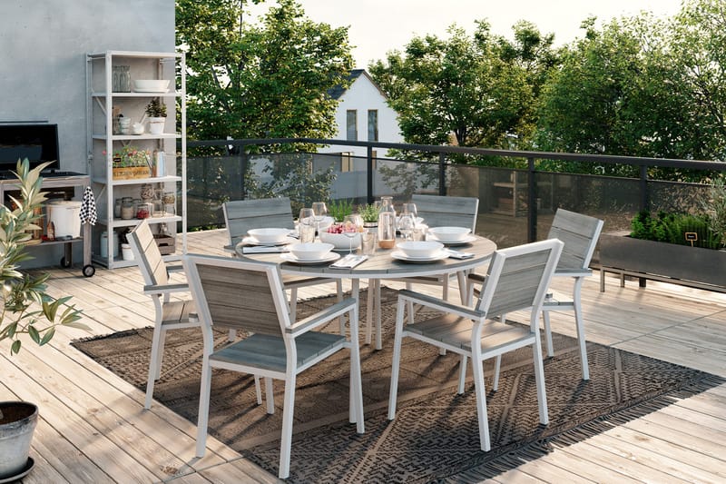 Tunis Matgrupp Utomhus 140 Rund + 6 Stapelstolar - Vit/Grå - Utemöbler - Utegrupp - Matgrupper utomhus