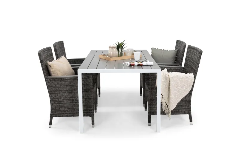 Tunis Matgrupp Utomhus 150 + 4 Thor Fåtölj Lyx m Armstöd - Vit/Grå/Aintwood - Utemöbler - Utegrupp - Matgrupper utomhus