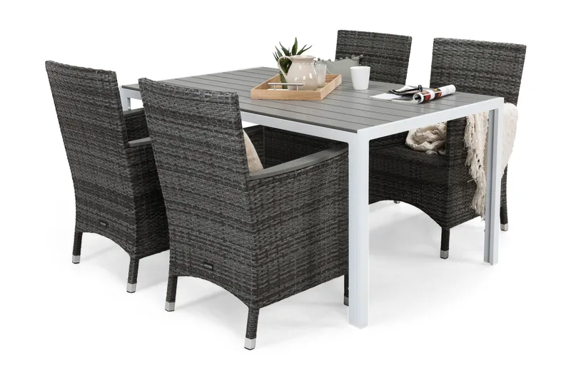Tunis Matgrupp Utomhus 150 + 4 Thor Fåtölj Lyx m Armstöd - Vit/Grå/Aintwood - Utemöbler - Utegrupp - Matgrupper utomhus