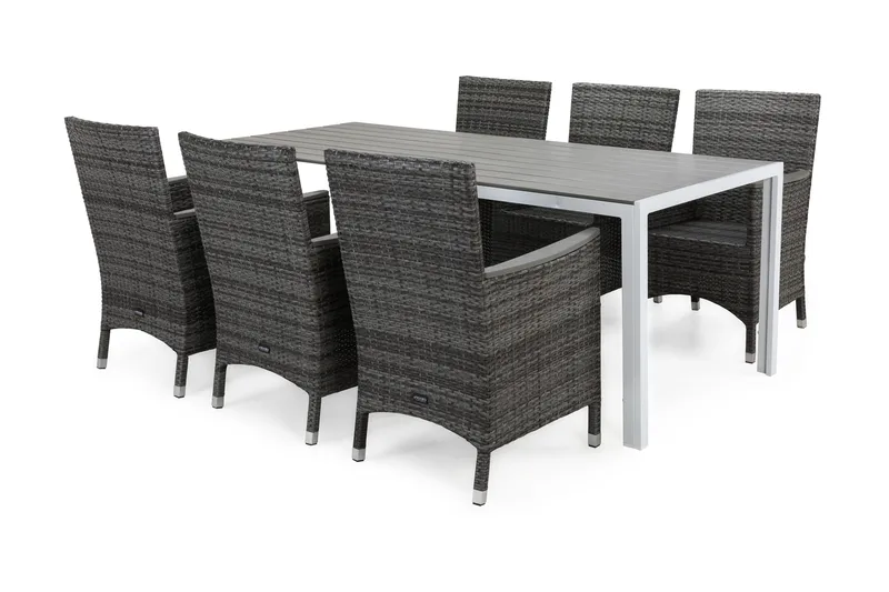 Tunis Matgrupp Utomhus 205 + 6 Thor Fåtölj Lyx m Armstöd - Vit/Grå/Aintwood - Utemöbler - Utegrupp - Matgrupper utomhus