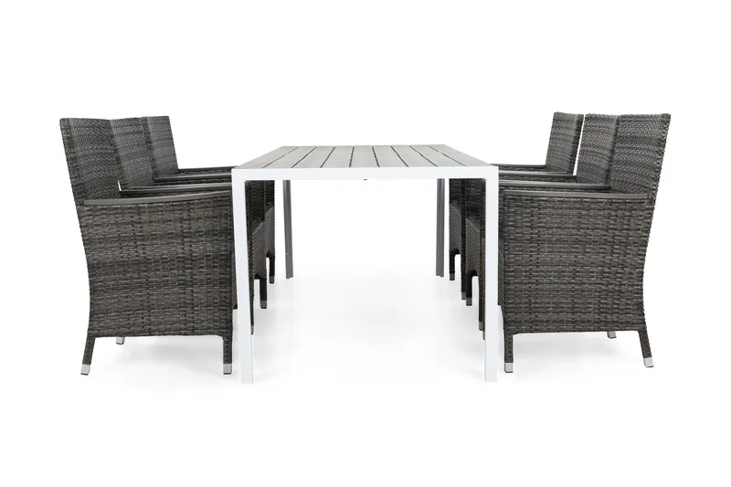 Tunis Matgrupp Utomhus 205 + 6 Thor Fåtölj Lyx m Armstöd - Vit/Grå/Aintwood - Utemöbler - Utegrupp - Matgrupper utomhus