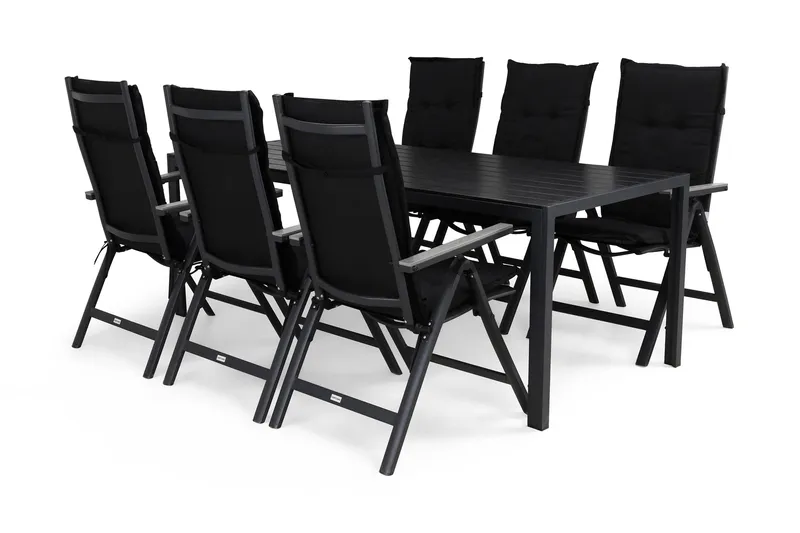Tunis Matgrupp Utomhus 205x90 + 6 Monaco Light Positionsstol m Dyna, Svart/Grå