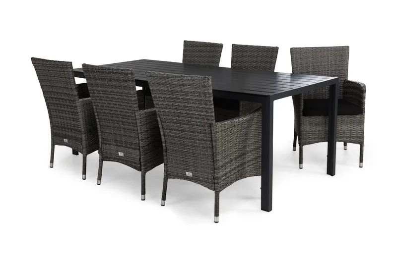 Tunis Matgrupp Utomhus 205x90 + 6 Thor Fåtölj m Dyna, Svart/Grå