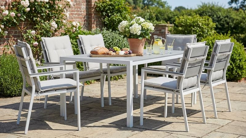 Tunis Matgrupp Utomhus 205x90 + 6 Tunis Stapelstol m Dyna - Vit/Grå/Offwhite - Utemöbler - Utegrupp - Matgrupper utomhus