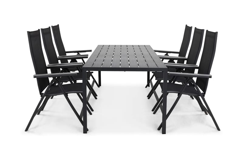 Tunis Matgrupp Utomhus 205x90 cm + 6 Monaco Positionsstol, Svart/Grå