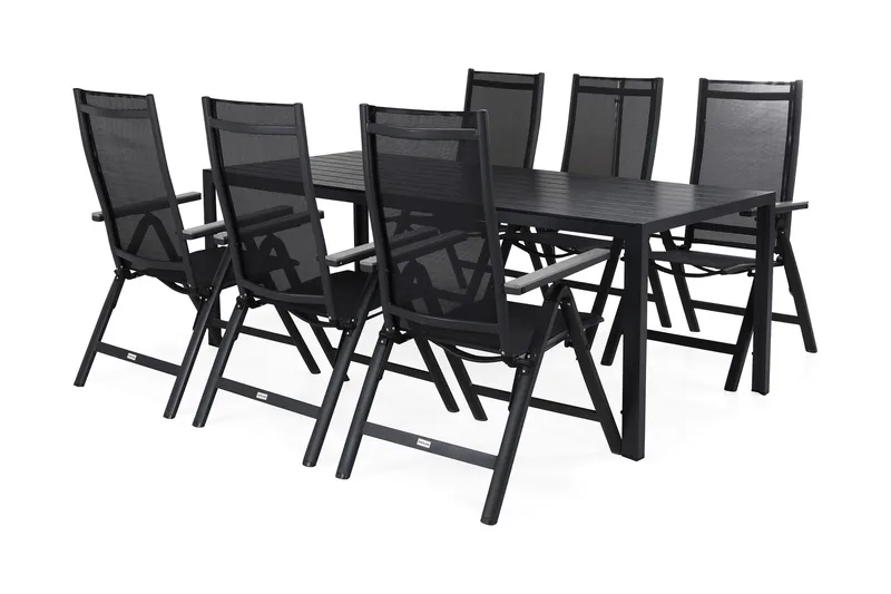 Tunis Matgrupp Utomhus 205x90 cm + 6 Monaco Positionsstol - Svart/Grå - Utemöbler - Utegrupp - Matgrupper utomhus