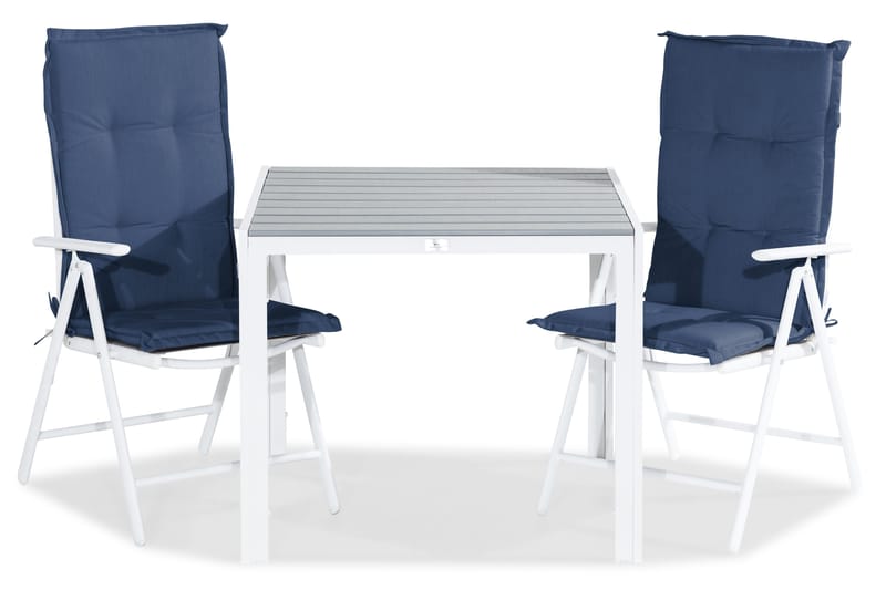 Tunis Matgrupp Utomhus 90x90 + 2 Maggie Positionsstol m Dyna, Vit/Grå/Blå