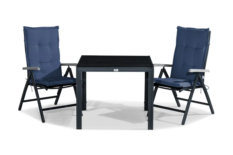 Tunis Matgrupp Utomhus 90x90 + 2 Monaco Lyx Positionsstol m Dyna, Svart/Grå/Blå