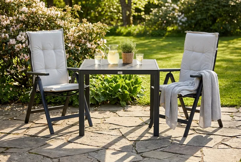 Tunis Matgrupp Utomhus 90x90 + 2 Monaco Positionsstol m Dyna - Svart/Grå/Offwhite - Utemöbler - Utegrupp - Matgrupper utomhus