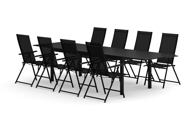 Tunis utomhus matgrupp förlängningsbart 205/305x90 cm med 8 Sanna positionsstolar, Svart/Svart
