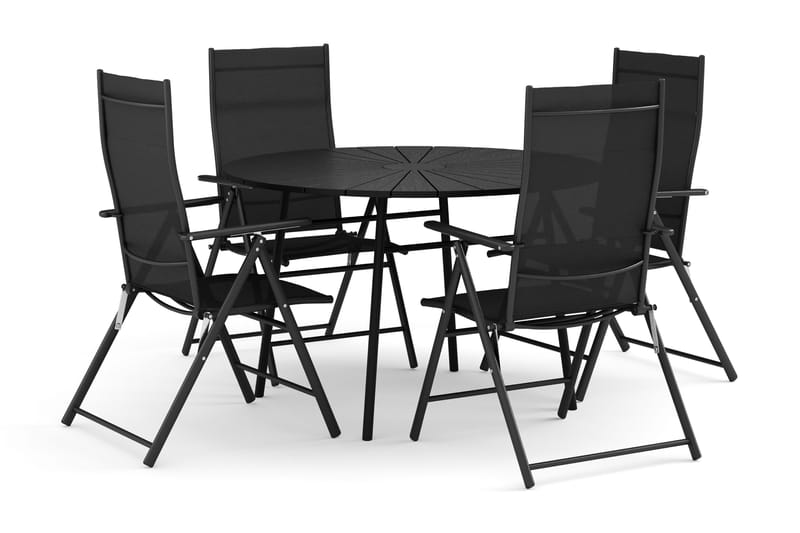 Tunis utomhus rund matgrupp 120 cm med 4 positionsstolar - Svart/Svart - Utemöbler - Utegrupp - Matgrupper utomhus