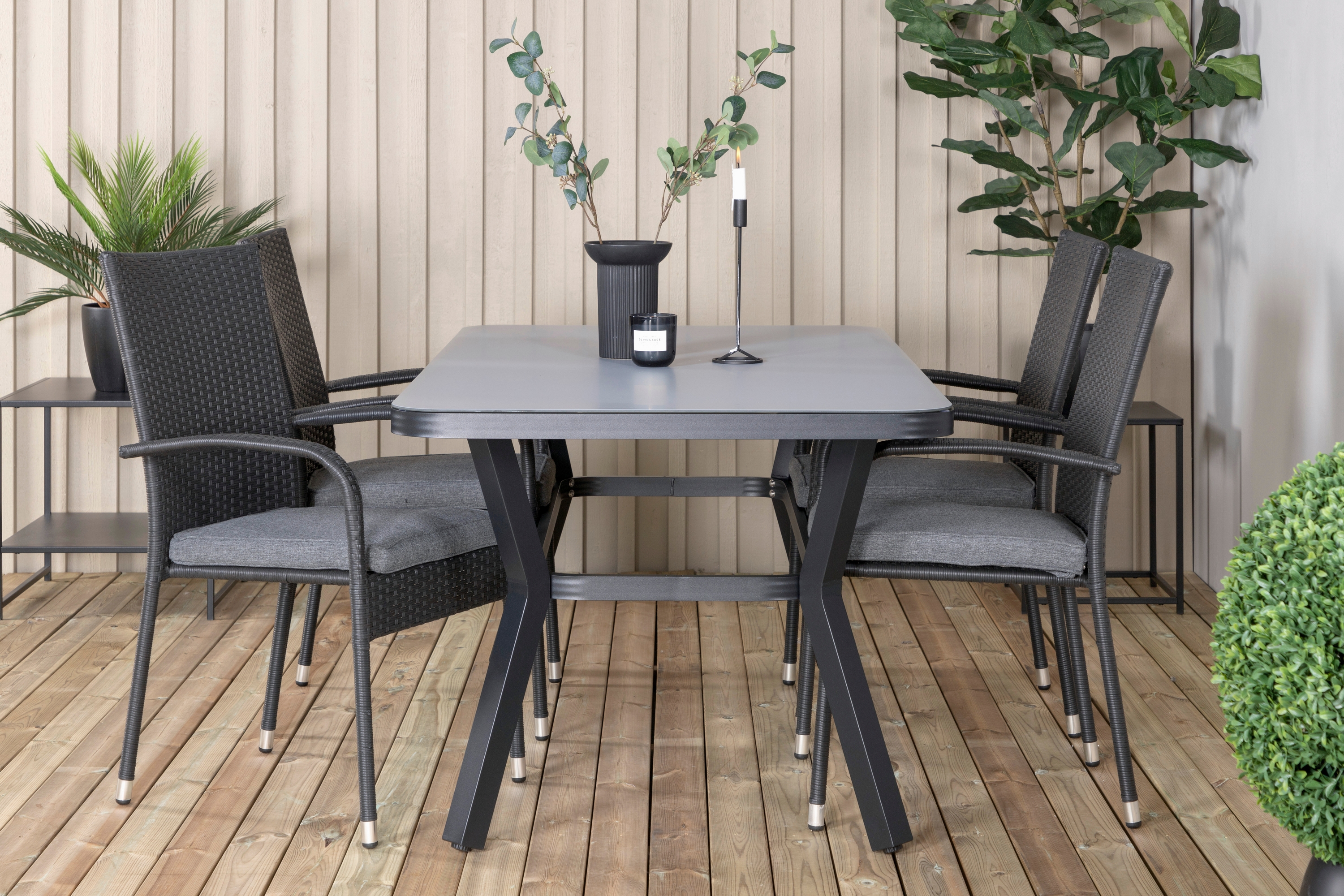 virya matgrupp utomhus 160cm + 4 anna matstolar - svart/grå