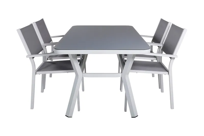Virya Matgrupp Utomhus 160cm + 4 Copacabana Stapelbara Matstolar, Vit/Grå