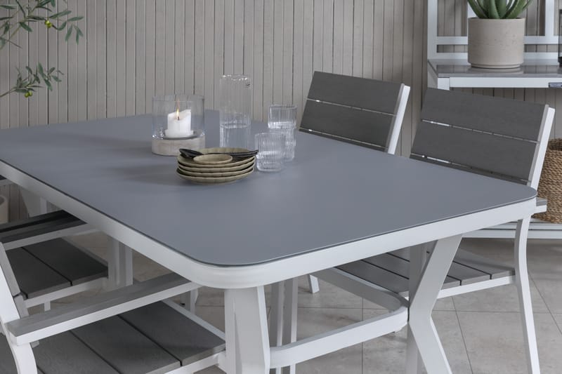 Virya Matgrupp Utomhus 160cm + 4 Levels Stapelbara Matstolar - Vit/Grå - Utemöbler - Utegrupp - Matgrupper utomhus