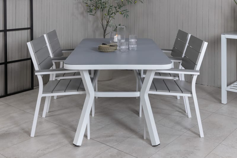 Virya Matgrupp Utomhus 160cm + 4 Levels Stapelbara Matstolar - Vit/Grå - Utemöbler - Utegrupp - Matgrupper utomhus